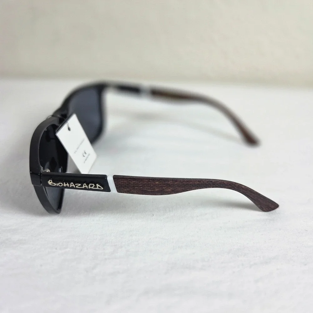 Biohazard Sunglasses Black Square Frame Wood Grain Arms UV400 Protection NEW